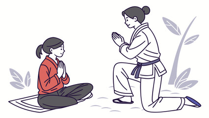 A martial arts instructor in a gi bows respectfully to a student sitting in a meditative pose on a mat.