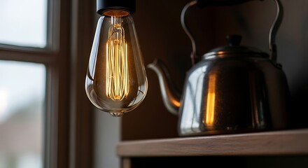 Vintage Edison bulb glows warmly next to a classic silver teapot on wood shelf