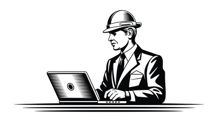 Vintage style gentleman in a suit and fedora hat typing on a laptop computer in a retro black and white illustration