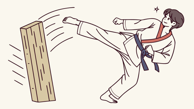 Illustration of a young man in a dobok performing a powerful kick to break a wooden board.