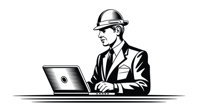 Vintage style gentleman in a suit and fedora hat typing on a laptop computer in a retro black and white illustration - Powered by Adobe