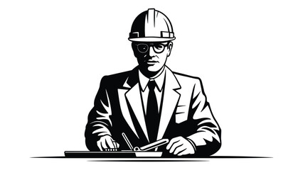 Professional architect or engineer wearing a hard hat and suit sitting at a desk with blueprints and tools in a vintage illustration style