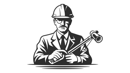 Vintage style illustration of a serious man in a hard hat and suit holding a gavel symbolizing authority and construction