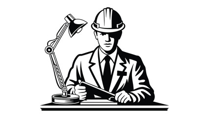 Professional architect or engineer wearing a hard hat and suit sitting at a desk with a blueprint and drafting tools under a desk lamp