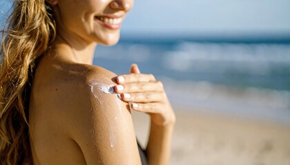 Smiling woman applying sunscreen