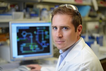 Male research chemist at a lab computer analyzing data during experiments in a lab