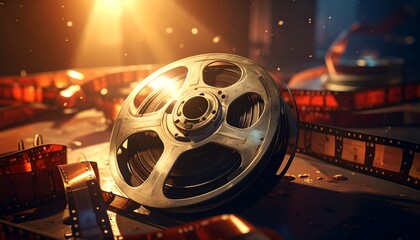 Vintage metallic film reel with scattered photographic strips, warm dramatic lighting, evoking cinematic nostalgia, storytelling, and the artistry of analog filmmaking in a classic visual style.