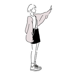 Casual woman raising her hand in greeting, fashion color illustration