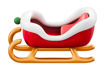 Red 3D Santa sleigh with gold runners. Minimal cute sled vehicle for christmas gift delivery, holiday transport icon, winter journey symbol, express shipping carriage, xmas new year ride.