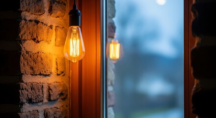 Vintage Edison bulb glowing warmly against brick wall and window backdrop indoor shot