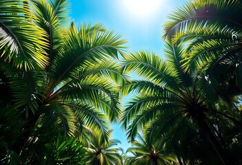 Fototapeta premium Lush tropical palm trees, vibrant green foliage under sunny sky, summer background, botany