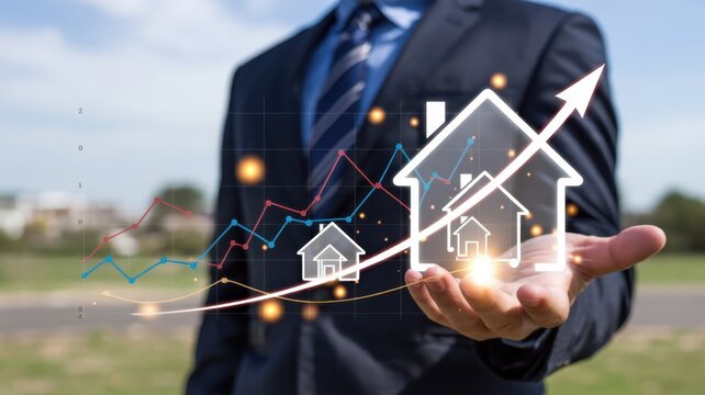 Professional holding holographic representation of growing property value with upward trend graph