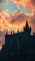 Shadow-drenched gothic fortress with jagged turrets piercing a bruised sky,  ominous,  abandoned