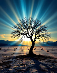 A lone, ancient tree silhouette etched against the stark, infinite desert horizon, its roots clinging to sun baked earth, Imagine this tranquil scene bathed in ethereal light