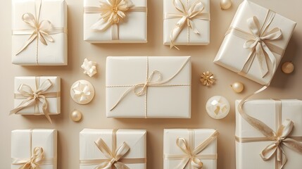 A collection of elegantly wrapped gifts in cream and gold with bows is arranged on a light background.