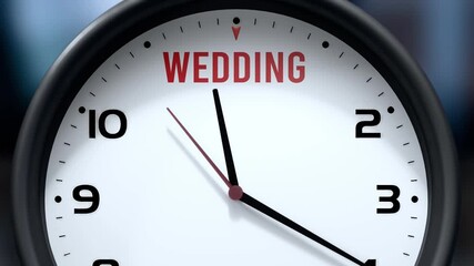 Wedding that is going to happen soon. Upcoming wedding, approaching in the near future. Wedding almost here, in a short time - a clock symbolizes a reminder that wedding is near.