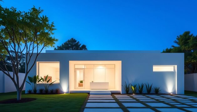 Stark white cube minimalist home exterior, geometric lines, clean design, steel, glass