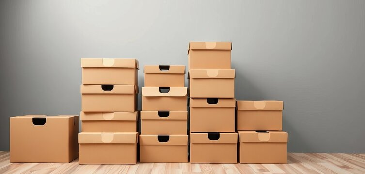 Stackable cardboard shoe boxes, various sizes,  blank,  close up