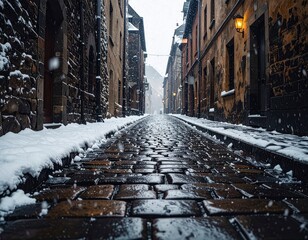 A picturesque snowy cobblestone street flanked by ancient buildings on a peaceful winter day