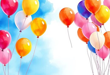 Watercolor-style illustration of colorful balloons floating,  festive,  blue