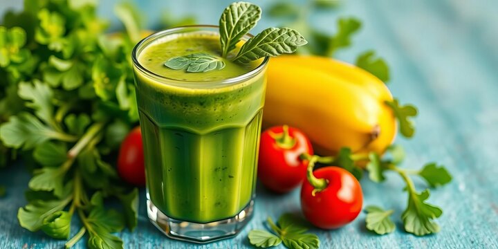 Vibrant green smoothie in glass, garnished with spinach,   glass,  spinach