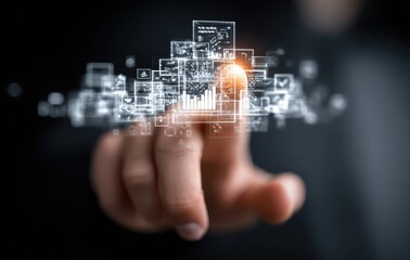 Finger touching floating data screens, modern, digital