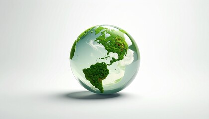 Fototapeta premium Small green plant sprouting from moss beside transparent globe reflecting Earth, set in sunlit natural background with soft greenery, symbolizing growth, conservation, and planetary interconnectedness