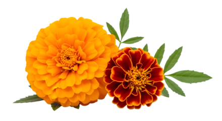 Marigold blossoms with leaves isolated on transparent background