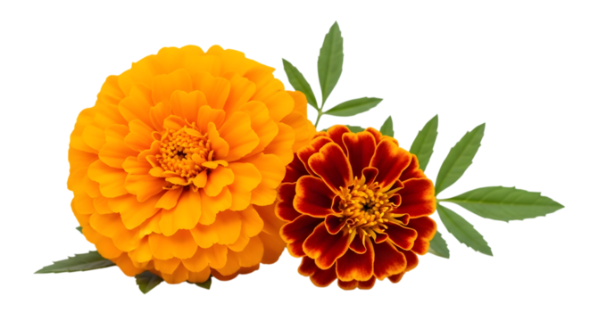Marigold blossoms with leaves isolated on transparent background