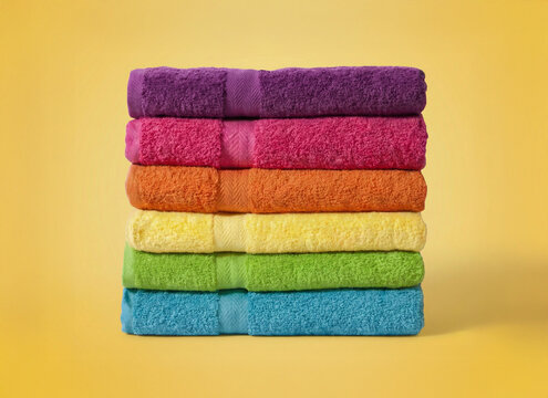 pile of colorful towels in yellow simple minimalistic background for washing machine design 