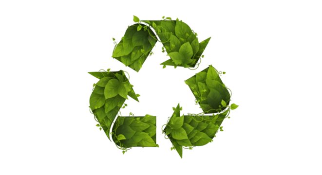 Recycle symbol made of green leaves isolated on transparent background