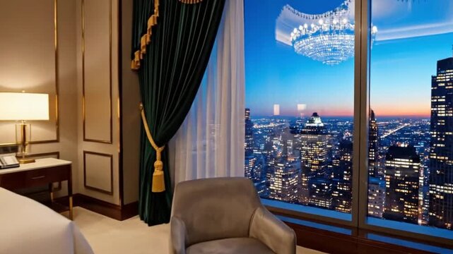 An opulent and inviting high-rise bedroom offers a breathtaking panoramic view of a sprawling cityscape at twilight. The luxurious interior boasts a plush bed with crisp white linens, a deep velvet tu