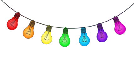 Colorful string lights with glowing bulbs on a black background isolated on transparent background