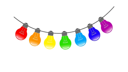 Colorful string lights with rainbow bulbs hanging on a wire isolated on transparent background