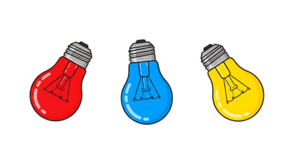 Three colorful light bulbs representing ideas innovation and creativity isolated on transparent background