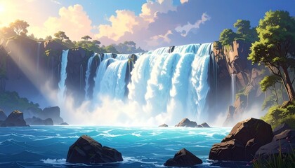 Majestic natural landscape with powerful waterfall cascading into vibrant turquoise river, surrounded by cliffs, greenery, and snow-capped mountains under colorful sunrise or sunset sky with warm glow
