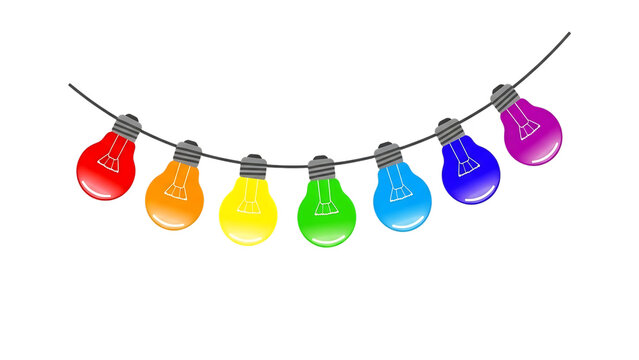 Colorful string lights with rainbow bulbs hanging on a wire isolated on transparent background