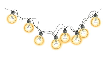 Festive string lights with glowing bulbs isolated on transparent background