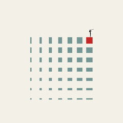 Naklejka premium Minimalist vector concept illustration of a businesswoman standing on a highlighted red square using a telescope. Represents market analysis, strategic vision, leadership, and finding opportunities.