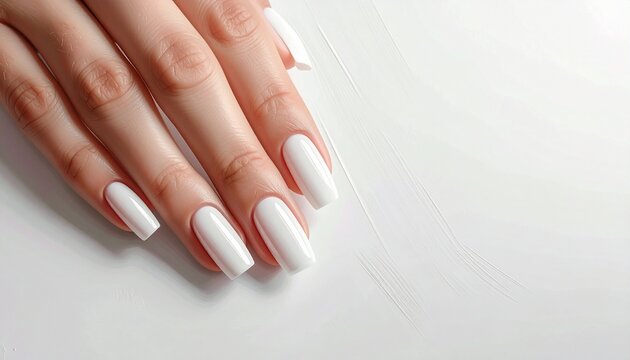 Close-up of hand with long, manicured fingernails painted glossy white, resting on smooth white surface, lighting highlights polish shine and elegance, ideal for showcasing clean nail art style.