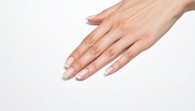 Close-up of hand with long, manicured fingernails painted glossy white, resting on smooth white surface, lighting highlights polish shine and elegance, ideal for showcasing clean nail art style. - Powered by Adobe