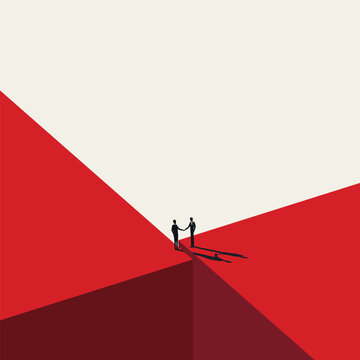 Minimalist vector concept illustration of two businessmen shaking hands across a deep red chasm. Represents successful negotiation, bridging the gap, partnership, and closing a business deal.
