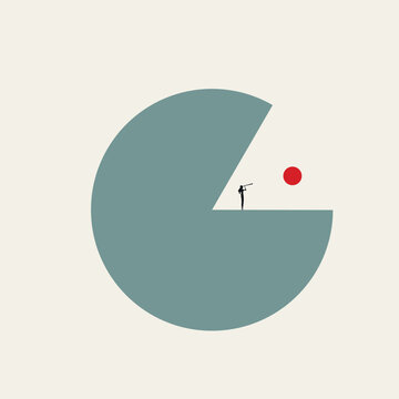 Minimalist vector concept illustration of a businesswoman using a spyglass inside a pie chart shape to look at a red dot. Symbolizes vision, focus, targeting goals, and strategy.