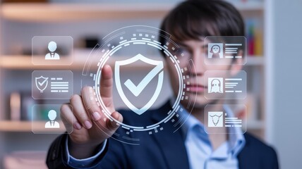Young professional interacts with glowing digital interface emphasizing data protection and identity verification