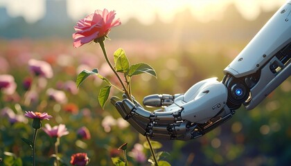 Close-up of human hand holding pink flower with green leaves, robotic hand reaching to receive it, warm sunlight and blurred natural background, symbolizing harmony between nature and technology.