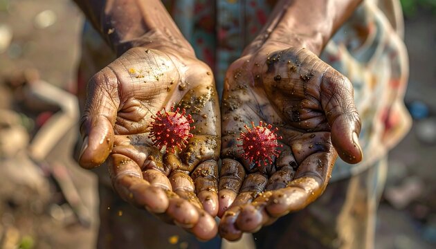 Pair of hands holding three spherical coronavirus models with spike-like protrusions, hands slightly stained, set against neutral background, evoking themes of contamination and public health awarenes