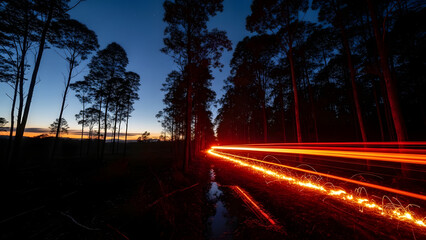 Vibrant light trails cutting through a dark forest at twilight