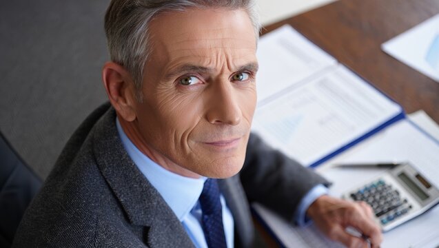 Seasoned senior accountant facing frontally, ready for financial review.