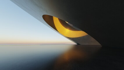 Abstract curved architecture background, Empty exterior space with concrete floor, Futuristic modern building for car presentation backdrop, 3d rendering