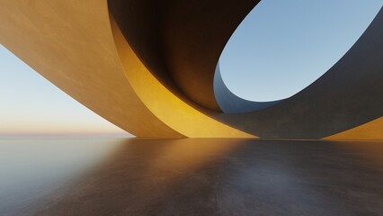 Abstract curved architecture background, Empty exterior space with concrete floor, Futuristic modern building for car presentation backdrop, 3d rendering